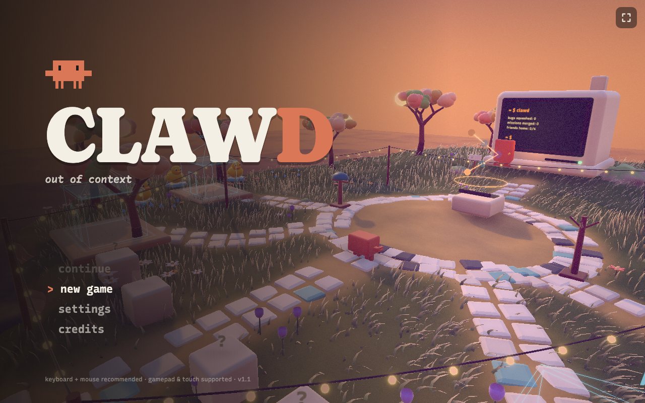 CLAWD game menu over a stylized 3D scene