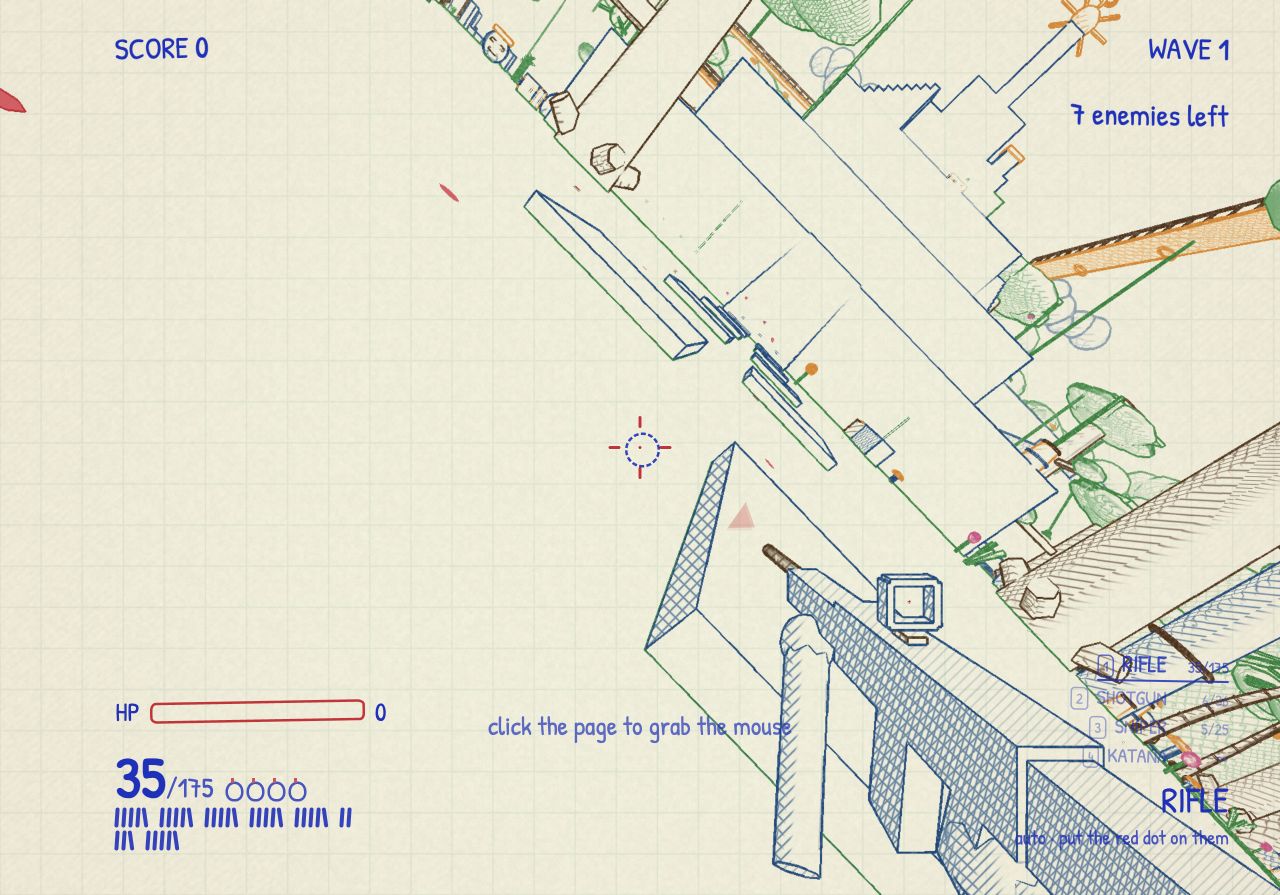 Hand-drawn Doodle District shooter gameplay on graph paper