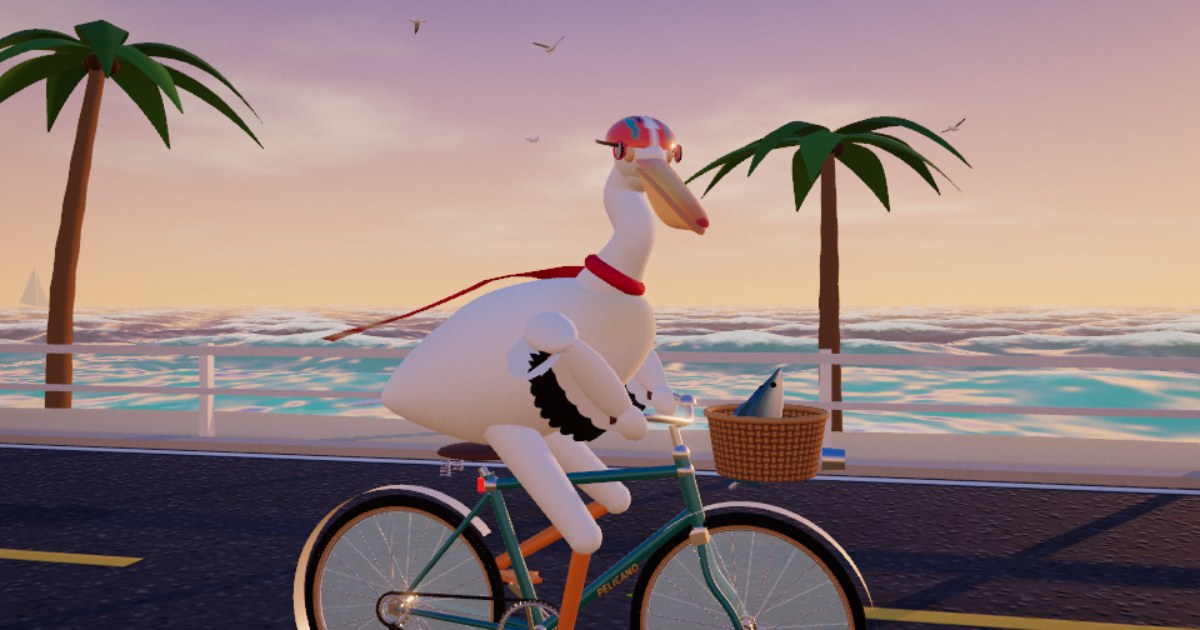 Pelican cycling beside a stylized 3D coast