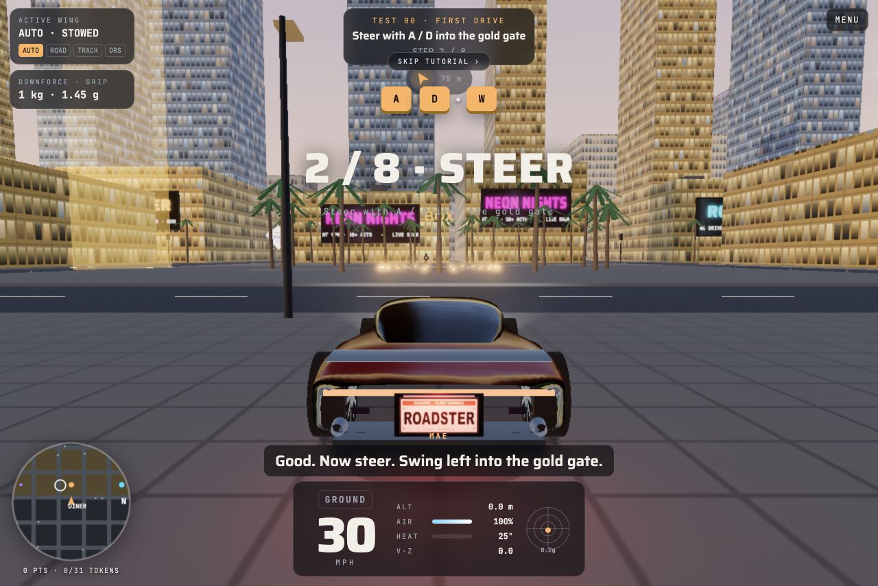 Roadster flying car on the first-drive city tutorial